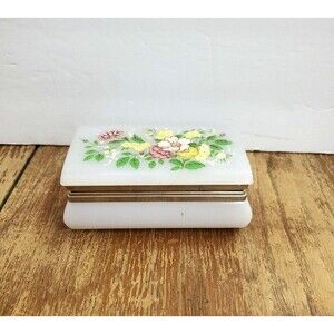 Vintage Lucite Trinket Box White Plastic Hinged Floral Vanity Case Hong Kong MCM